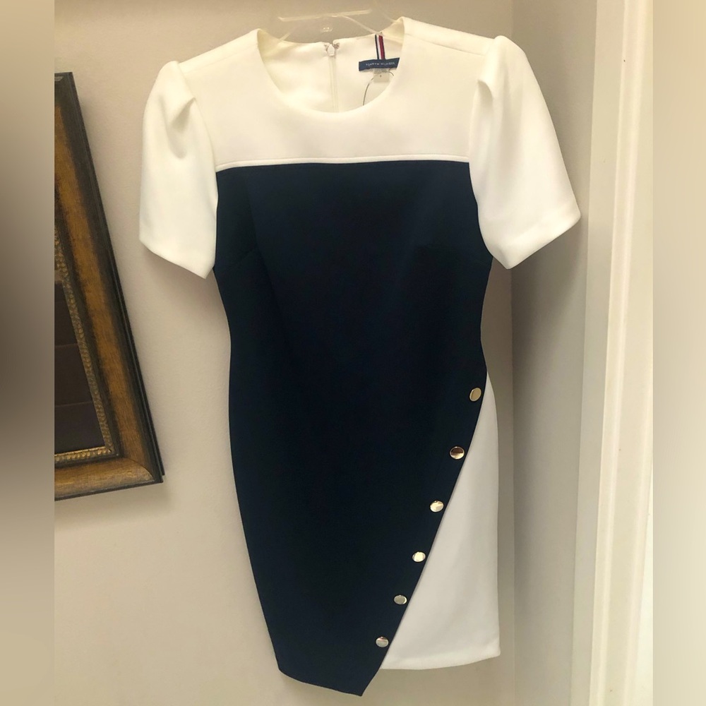 Elegant Blue and White Dress knee length